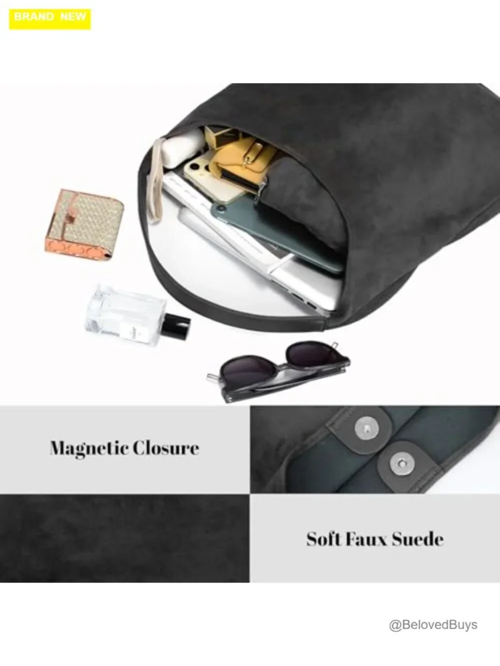 Faux Suede Hobo Bag with Magnetic Clasp Large Capacity Shoulder Tote